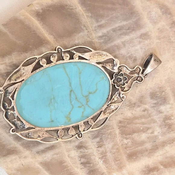 Turquoise & Marcasite Sterling Silver Pendant Floral & Leaf Design 925